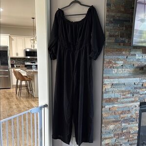 Casual Black Long Sleeve Scoop Neck Pantsuit